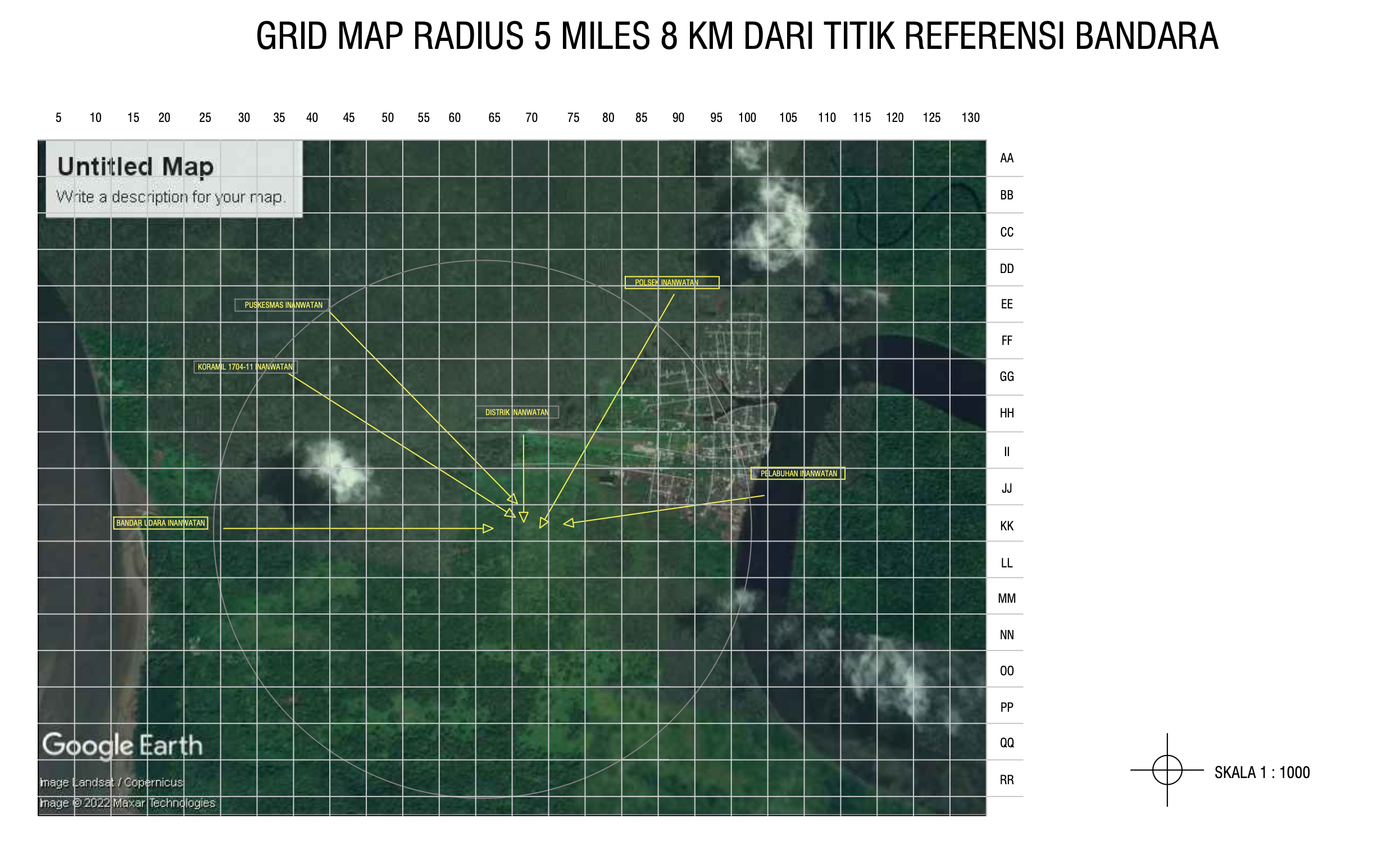 Gambar Peta Bandara Grid Map Radius 5NM/8 KM Bandar Udara Inanwatan